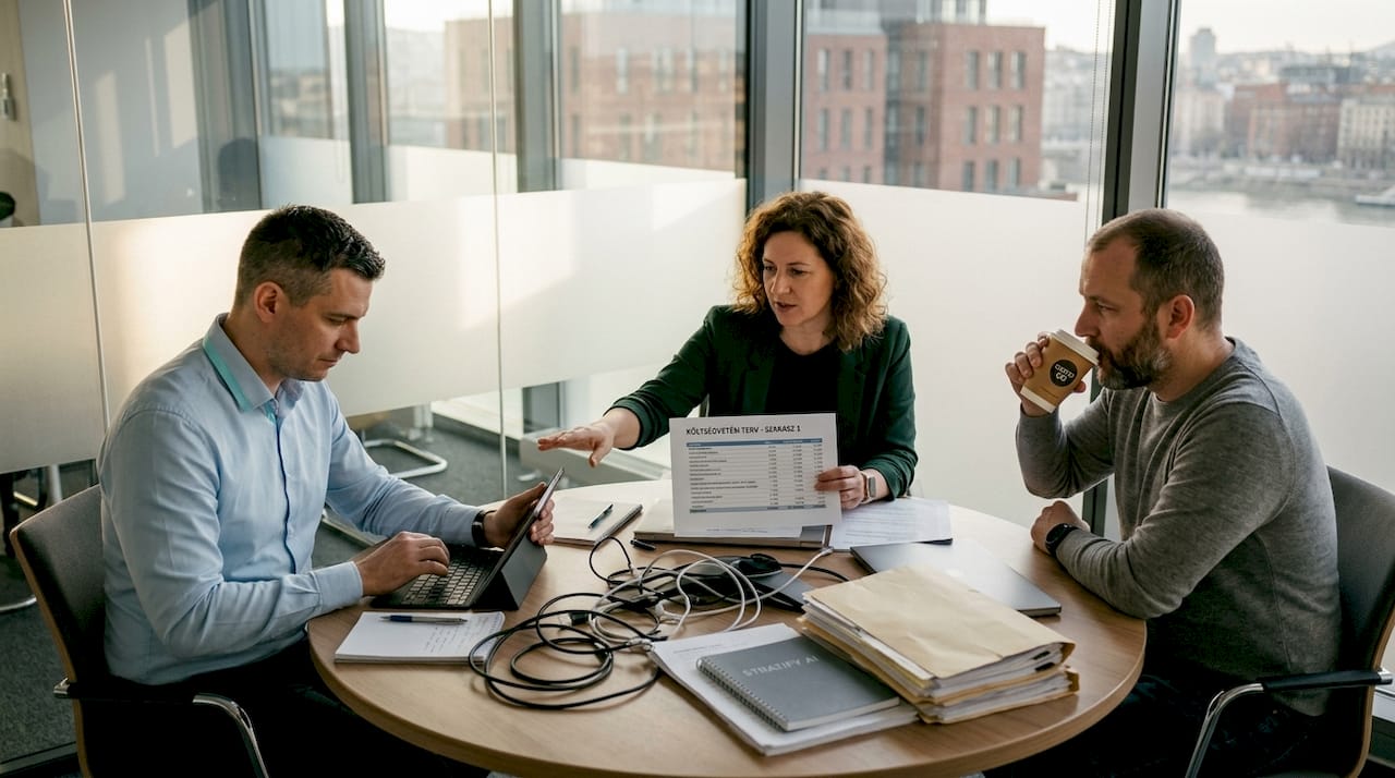 A kollégák egyeztetnek egy AI-alapú próba projekt bemutató megbeszélésének szervezéséről.