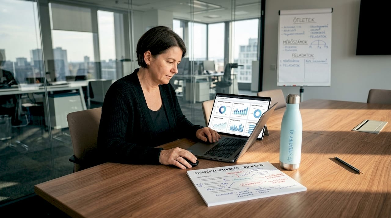 Egy nő a tárgyalóban éppen a vállalati riportokat böngészi a monitoron.