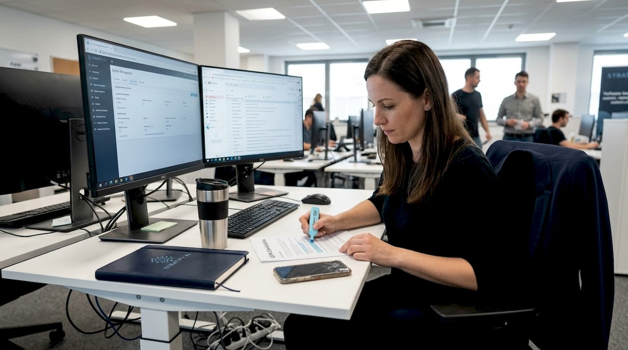 Egy informatikai vezető átnézi az irodában a megfelelőségi ellenőrzőlistát.