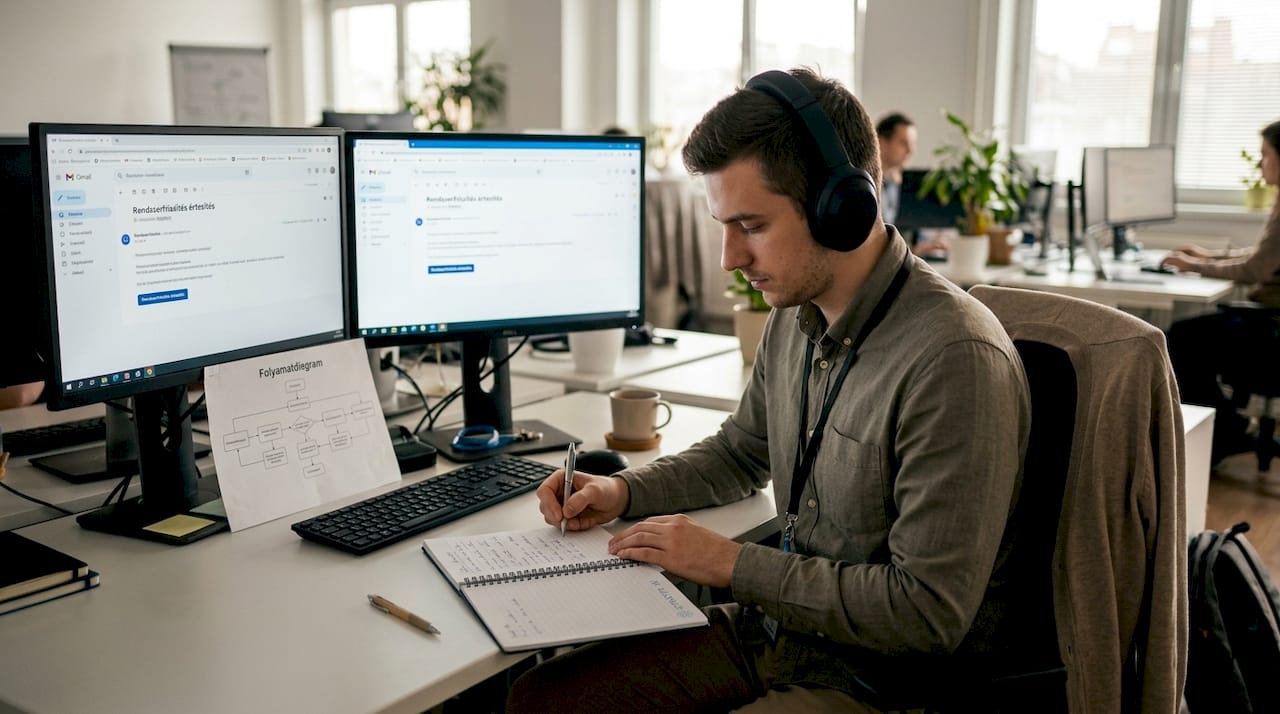 Egy fiatal férfi kézzel szerkeszti és naprakésszé teszi a dokumentumokat.