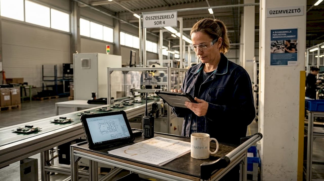 A gyárvezető a termelési területen ellenőrzi a gyártás adatait a tabletjén.