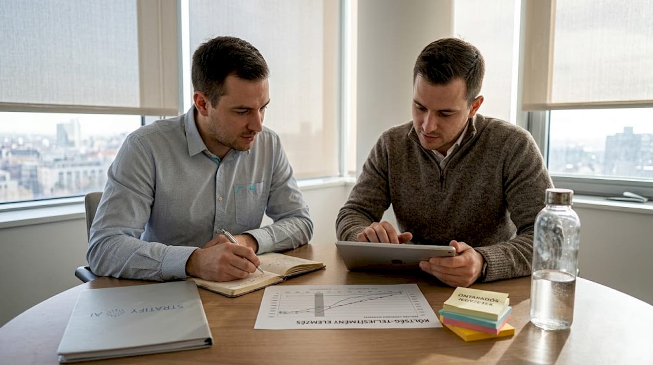 A csapat az irodában egy hibrid mesterséges intelligencia folyamatábrát vitat meg.