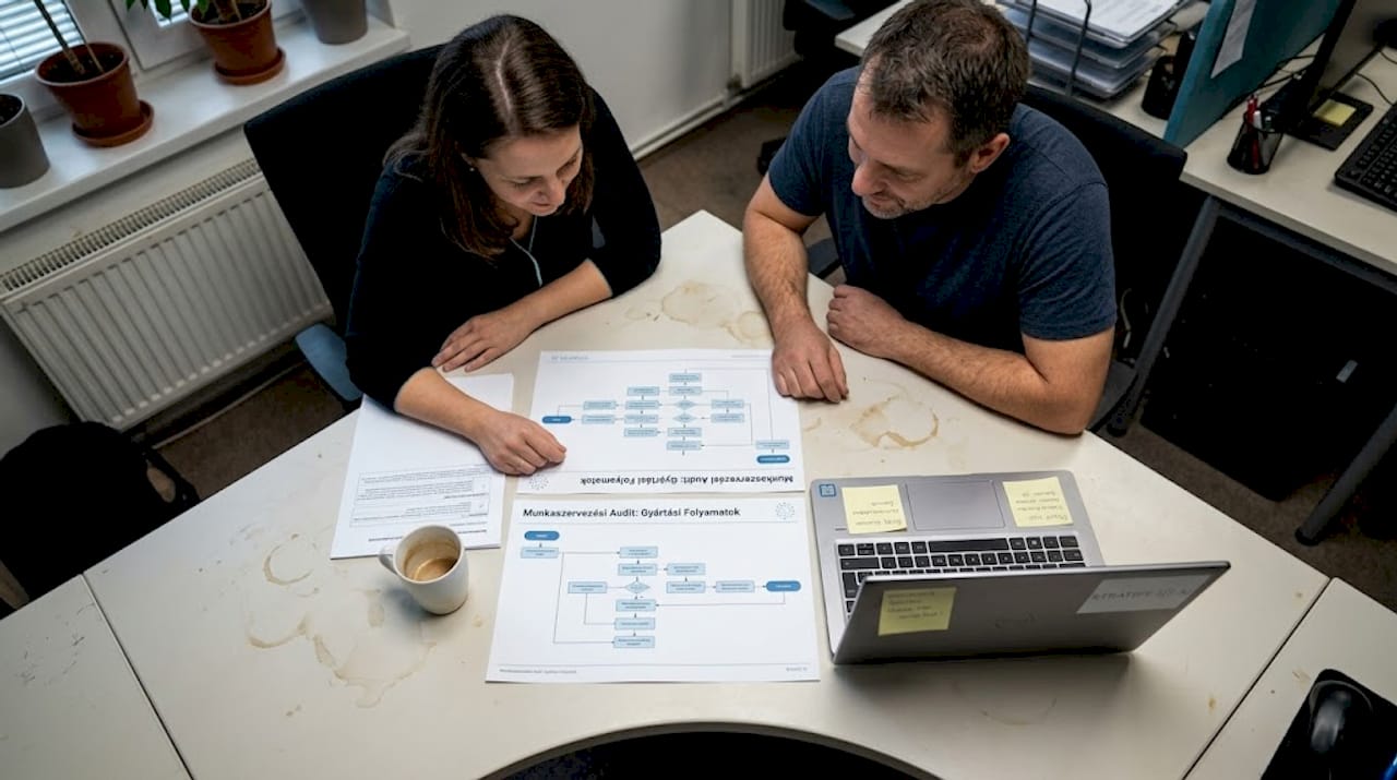 Munkatársak közösen átnézik a folyamatellenőrzés eredményeit egy közös íróasztalnál.