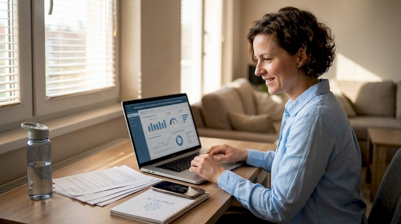 Az elemző az íróasztalánál ülve átnézi a mesterséges intelligencia döntéstámogató rendszerének mutatóit.