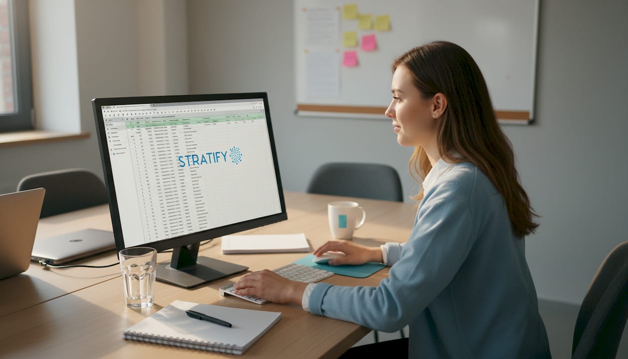 Egy nő adatokat keres és böngész az Excel táblázatban.