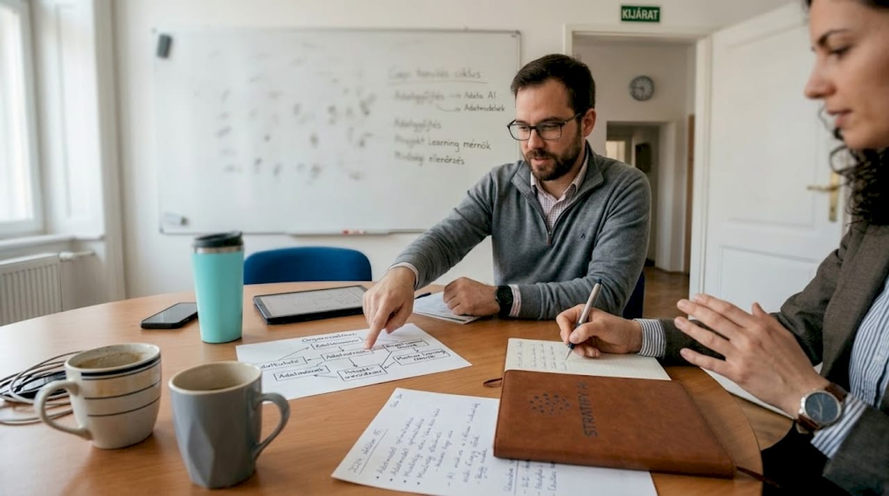 Munkatársak egyeztetnek az adatkezeléssel kapcsolatos feladatokról egy tárgyalóban.