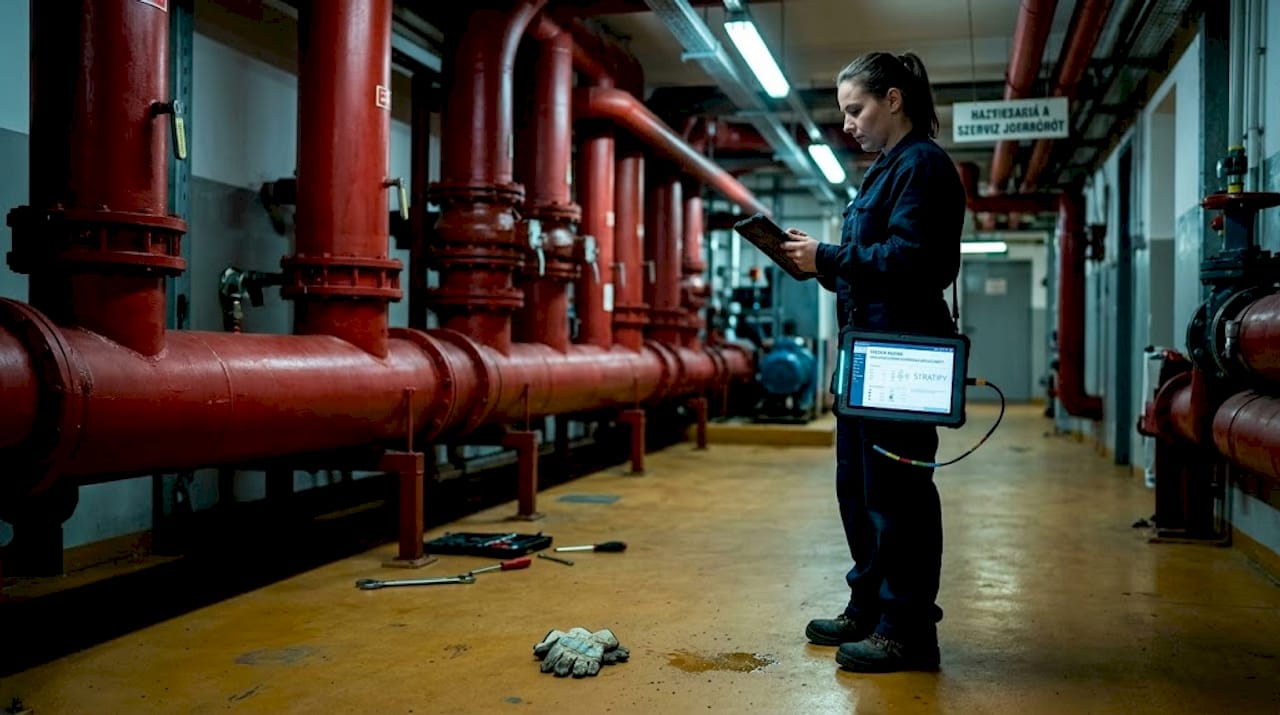 Egy szakember az ipari üzemben figyeli és elemzi a szenzorok adatait.