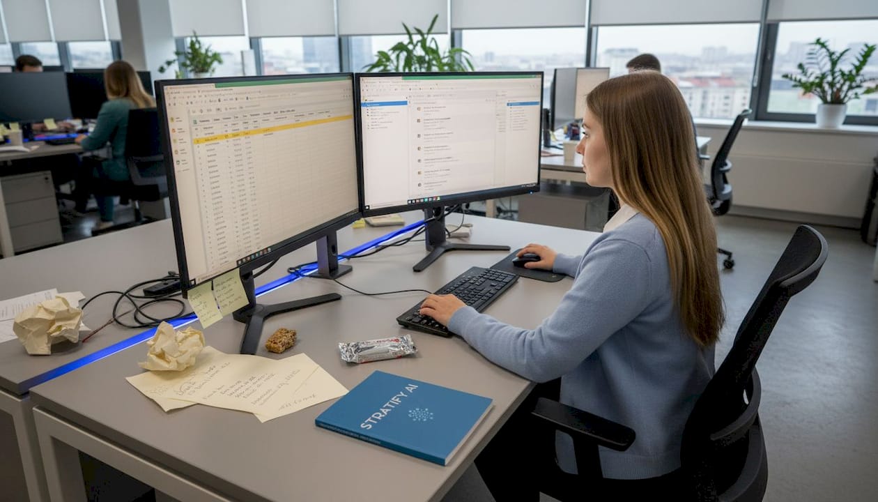 Egy zsúfolt irodában dolgozó munkatárs éppen adatokat visz be a rendszerbe.