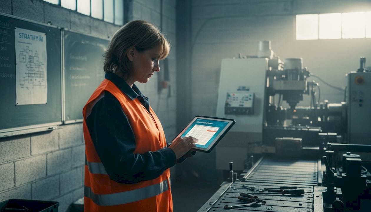 A műszakvezető épp a tableten ellenőrzi a karbantartási terv előrejelzéseit.