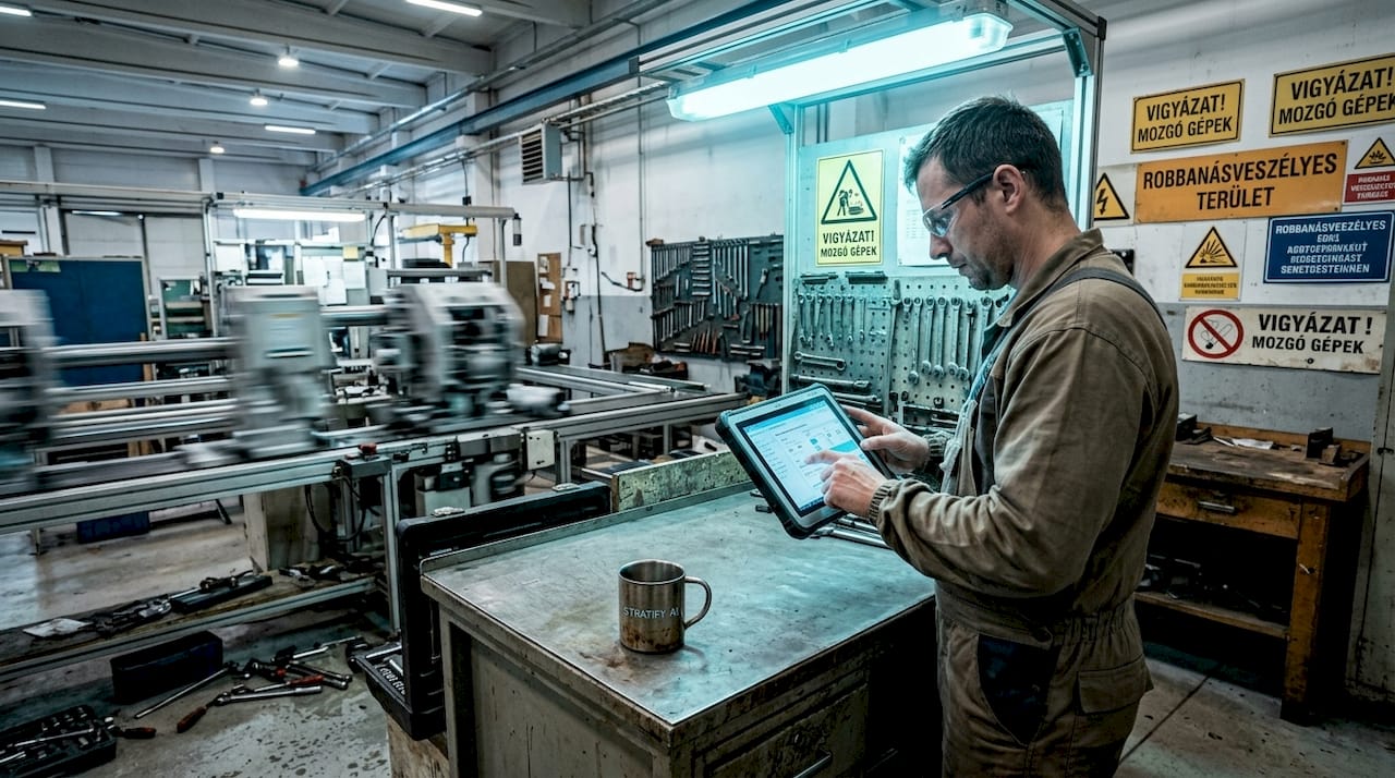 A gyárban dolgozó technikus éppen ellenőrzi a mesterséges intelligenciával működő karbantartási tabletet.