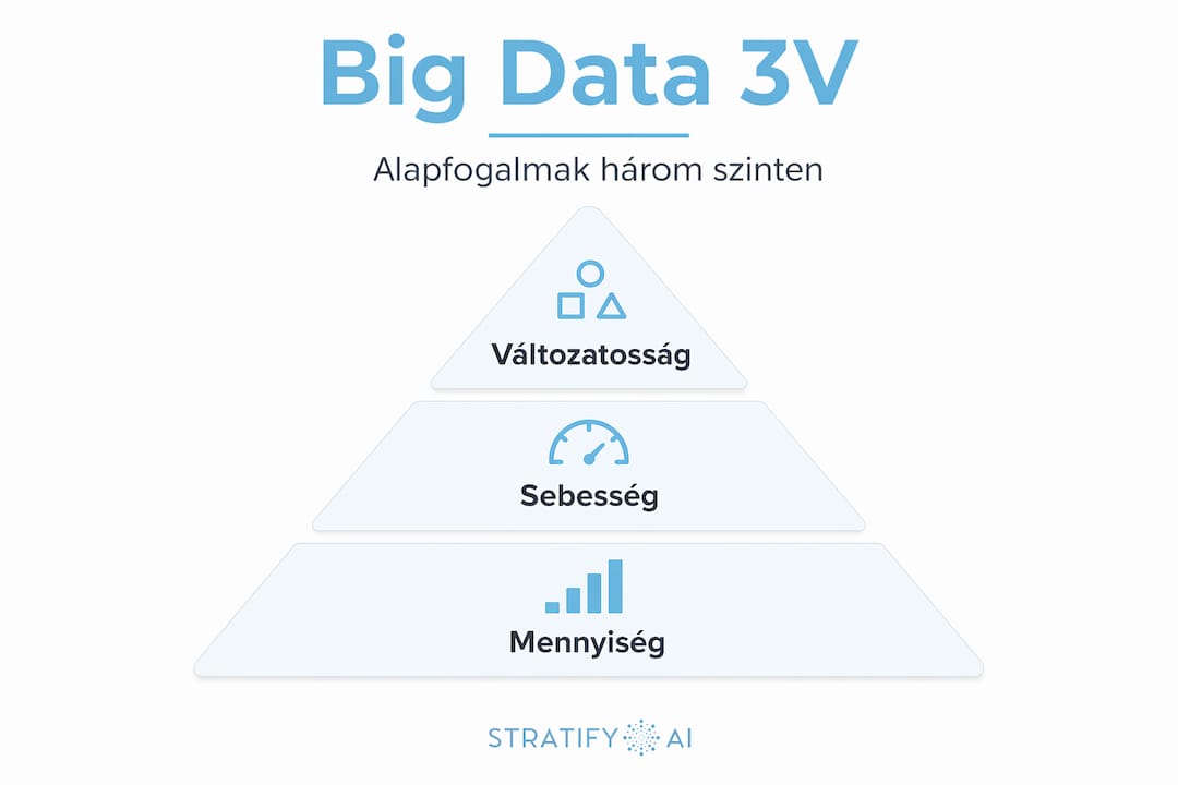 A Big Data 3V modelljét bemutató piramis infografika