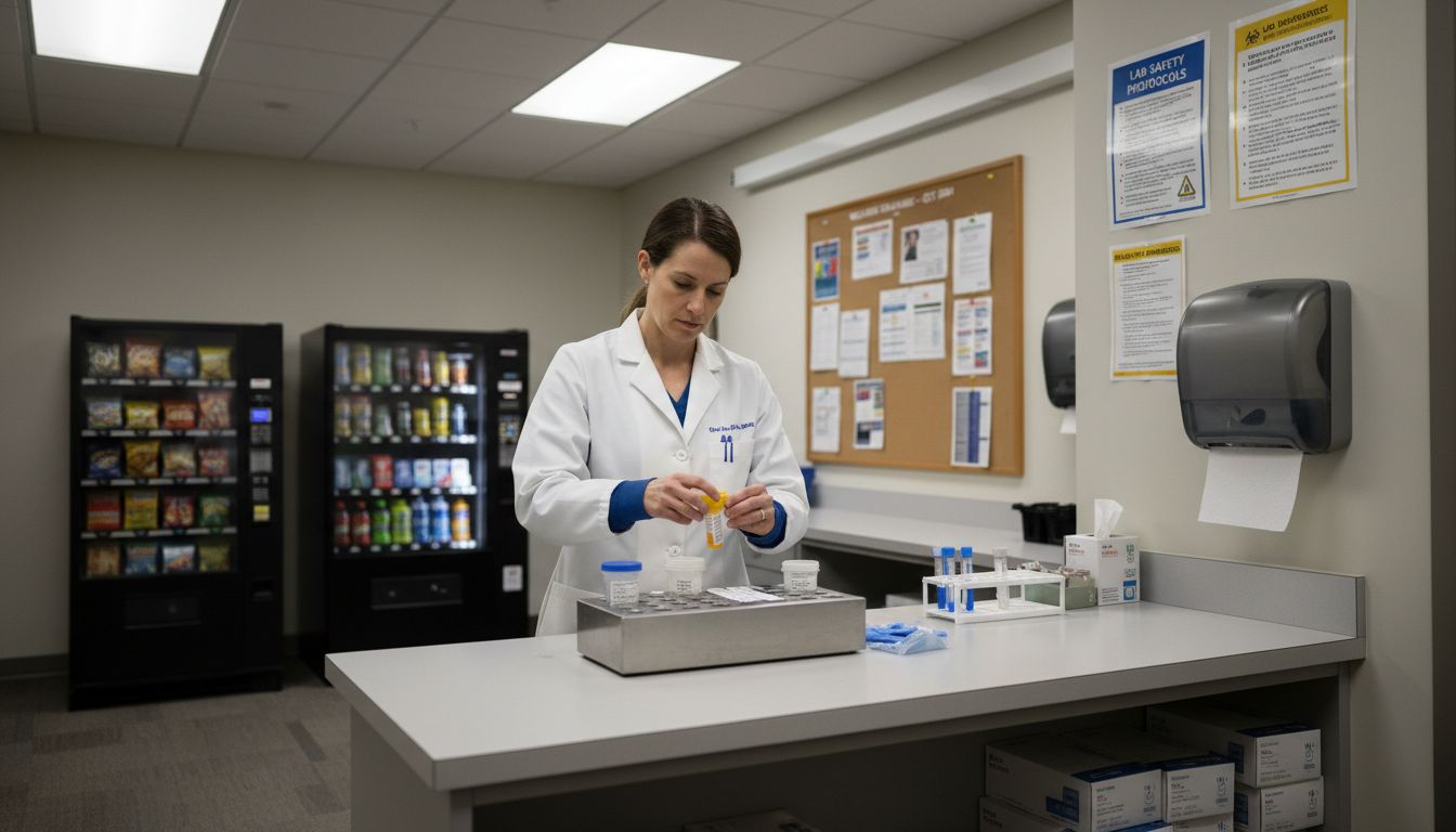 Lab technician labeling urine test sample