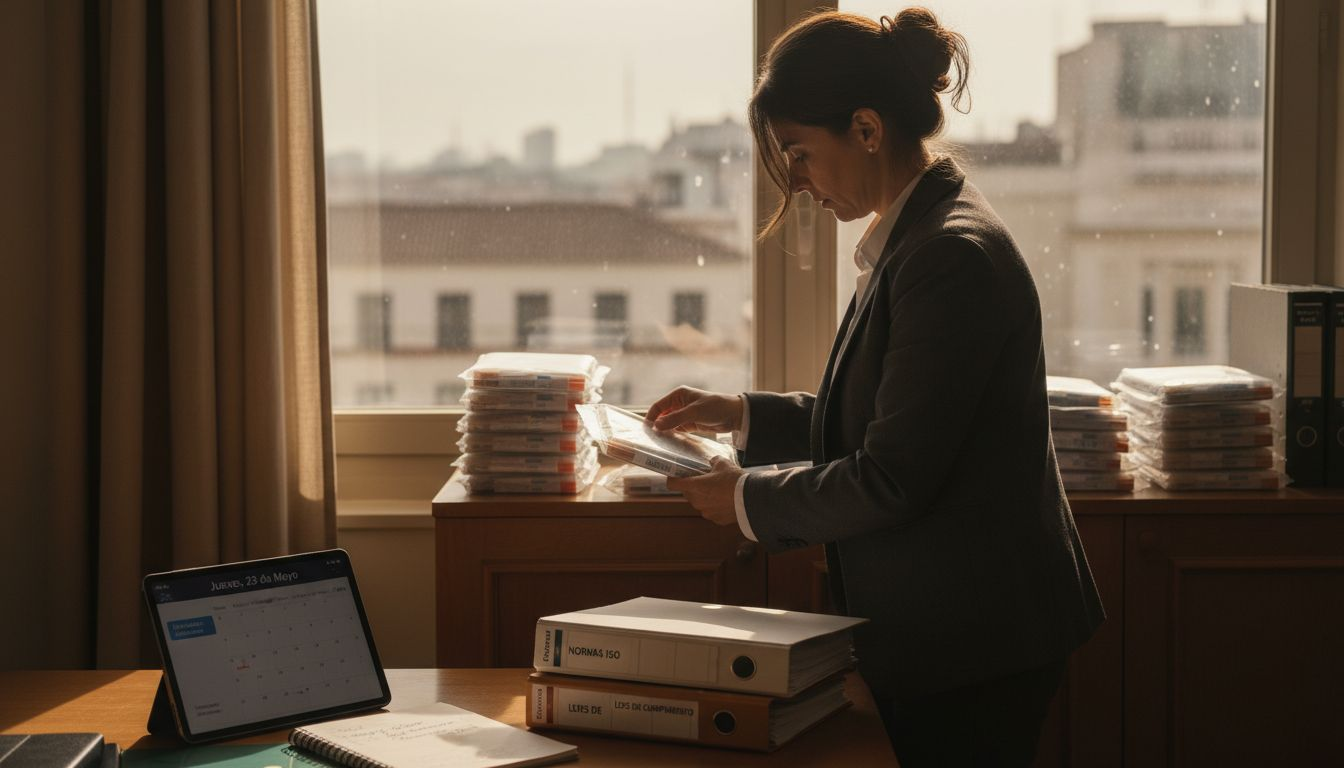 Responsable de cumplimiento preparando los kits para la toma de muestras en pruebas de drogas.