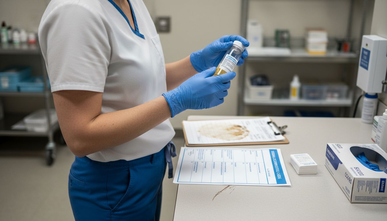 Medical assistant labeling specimen in clinic room