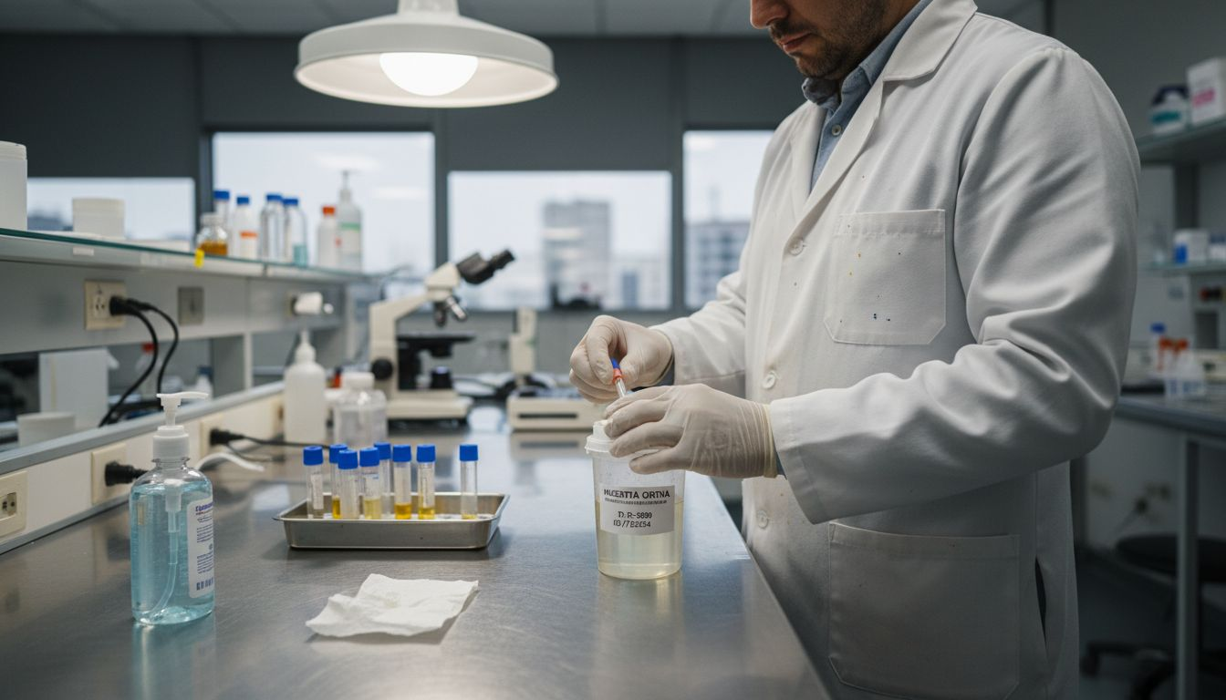 Técnico de laboratorio procesando una muestra de orina