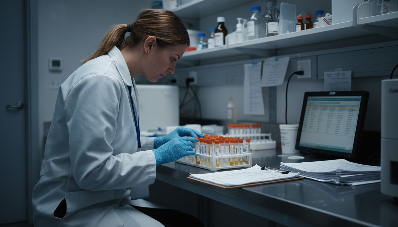 Technician inspecting rack of urine samples