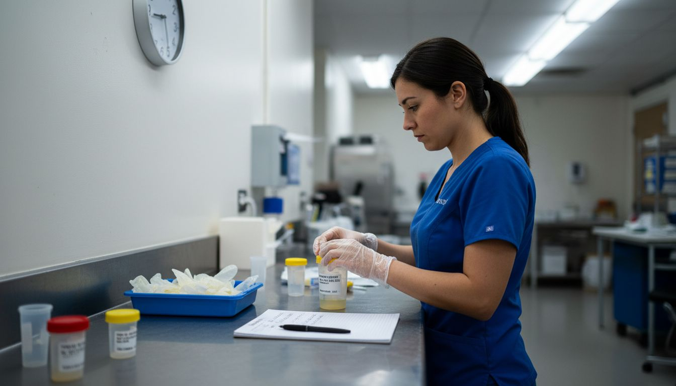 Clinic technician labels urine sample at testing counter