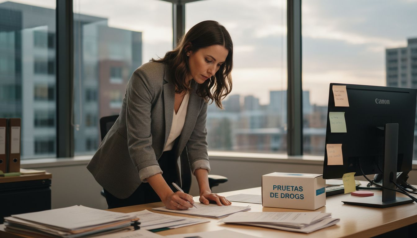 Una trabajadora se encuentra organizando la documentación necesaria para las pruebas internas de la empresa.