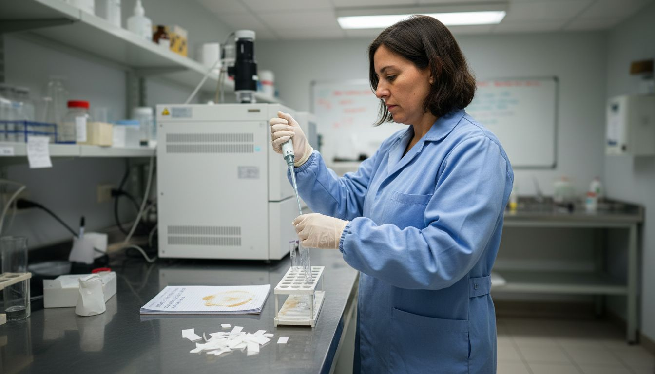 Técnica trabajando en el laboratorio mientras manipula tubos de ensayo con sustancias químicas.
