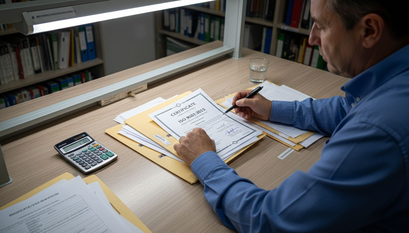 El supervisor revisa la certificación ISO en la mesa de trabajo.