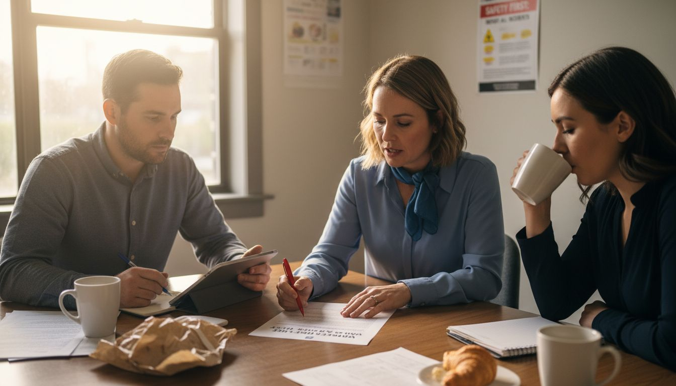 Supervisor reviews policy with employees in break room
