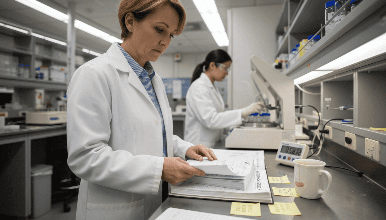 Lab manager inspects calibration logs and bench
