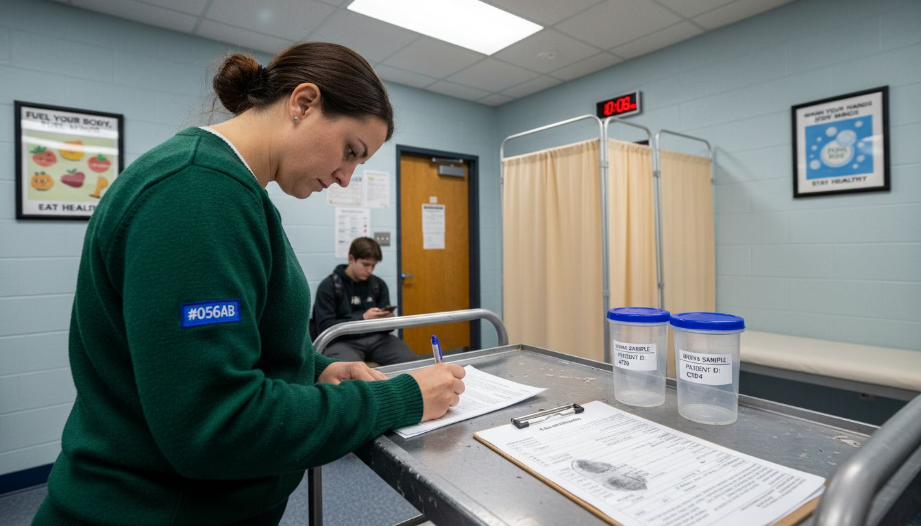 School nurse preparing drug test with student waiting