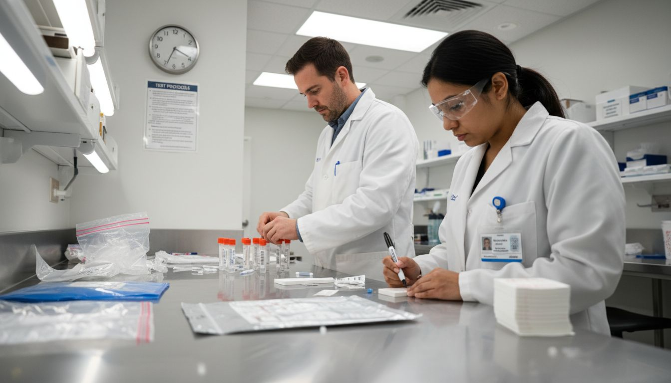 Technicians labeling drug screening sample containers