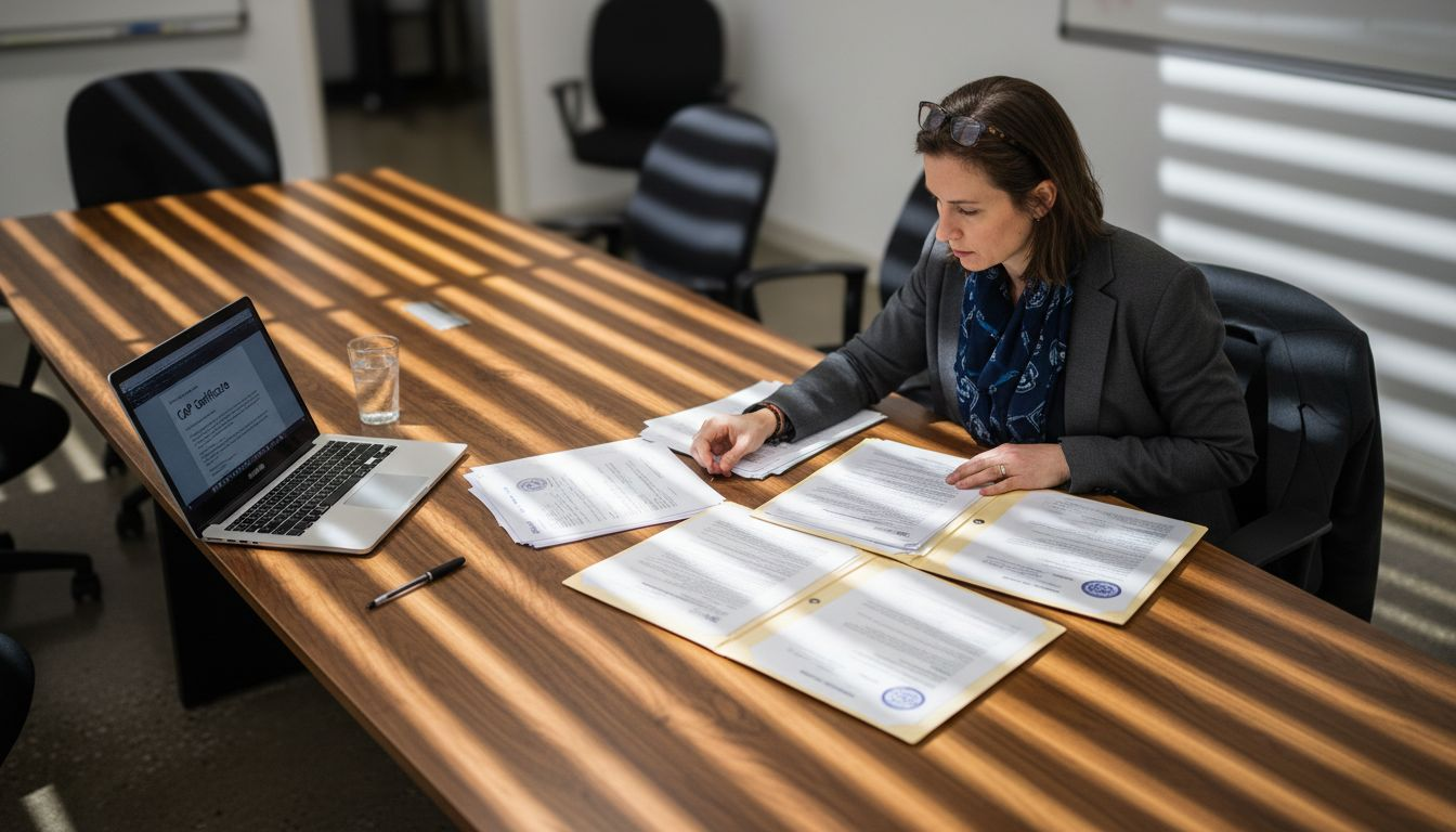 Officer checking lab accreditation papers