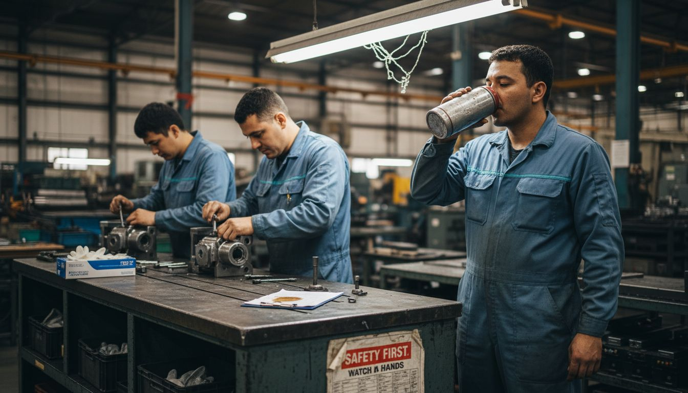 Factory workers assembling parts safely