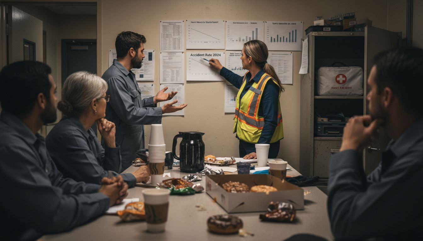 Factory safety team reviews accident reduction chart