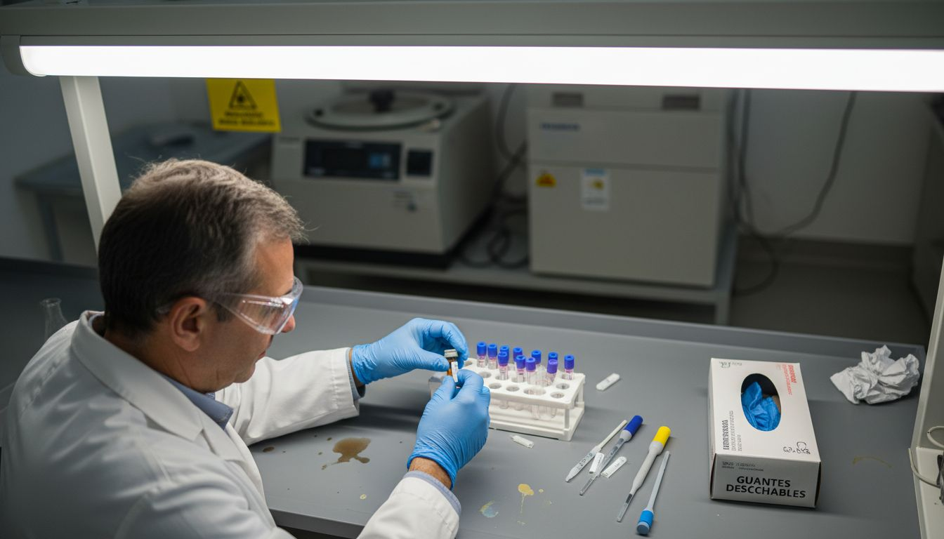 Un especialista prepara y etiqueta una muestra para pruebas antidopaje en el laboratorio.