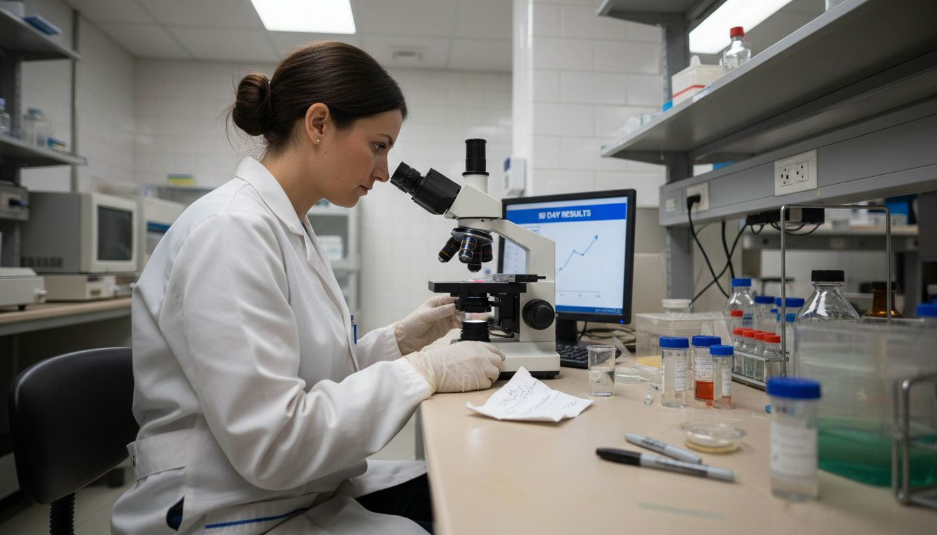 Lab tech analyzing hair sample for drug test