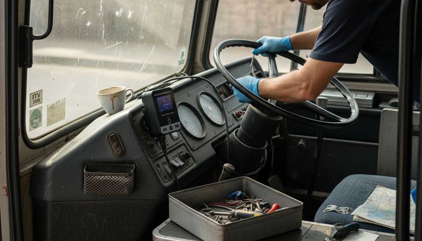 Colocación de un alcoholímetro dentro de la cabina del autobús para verificar que el conductor esté en condiciones óptimas antes de iniciar el viaje.