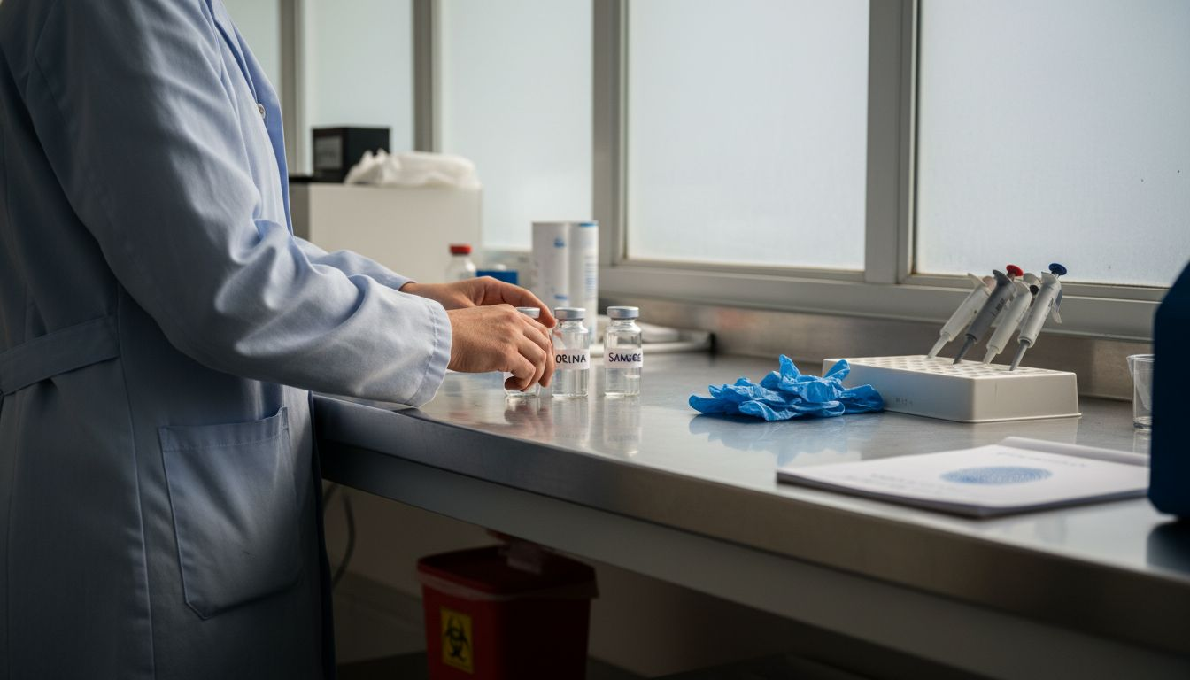 Técnico de laboratorio preparando diferentes muestras para pruebas de medicamentos.