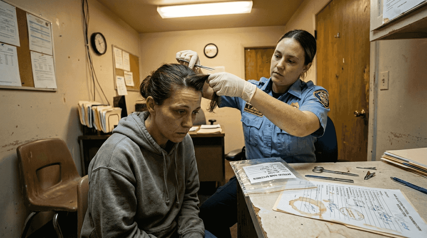 Probation officer collecting hair follicle sample