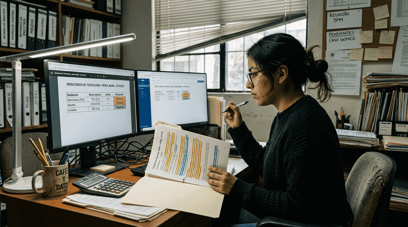 Especialista revisando y comparando los resultados de pruebas toxicológicas
