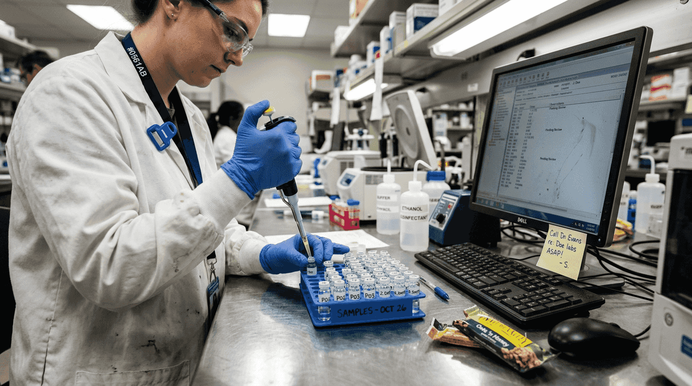 Lab technician compares test results and vials