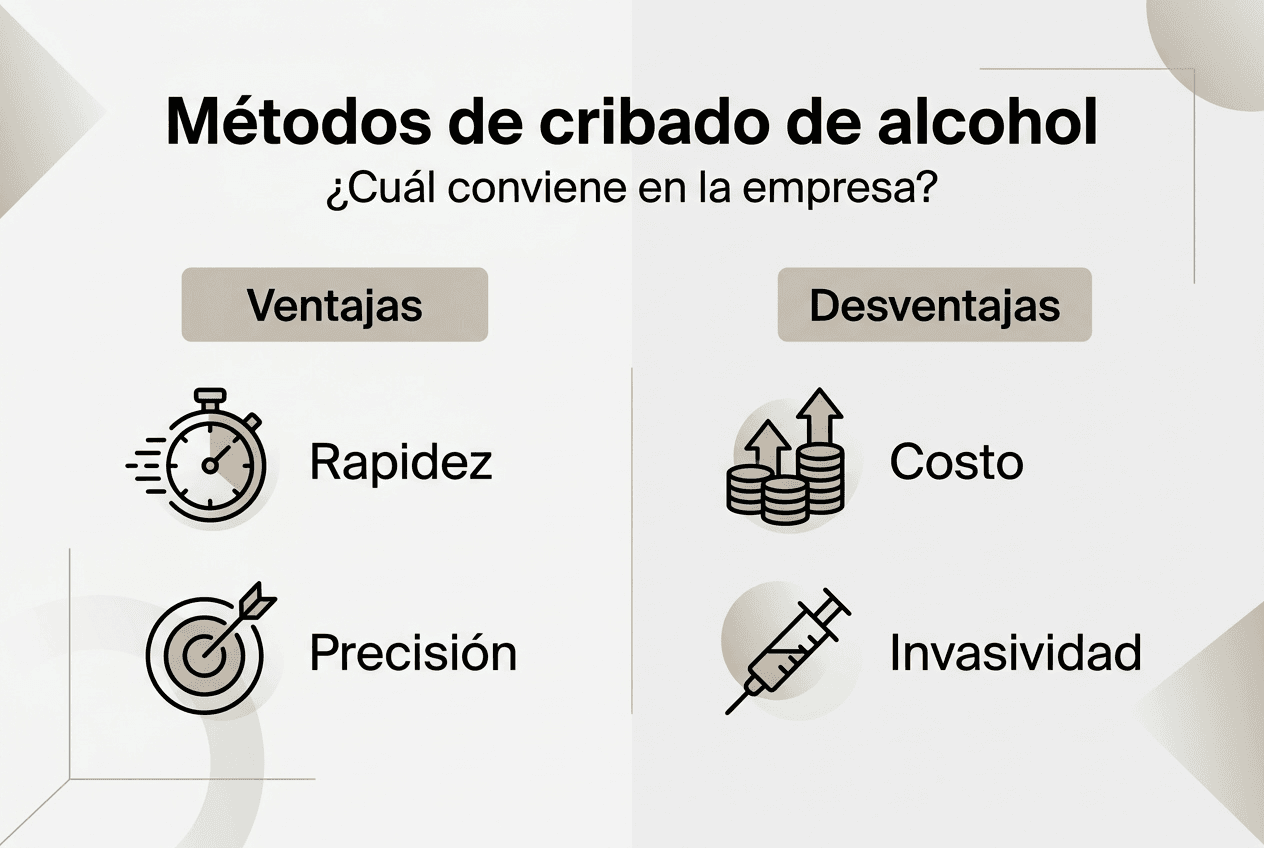 Infografía sobre los principales métodos para detectar el consumo de alcohol en el ámbito laboral
