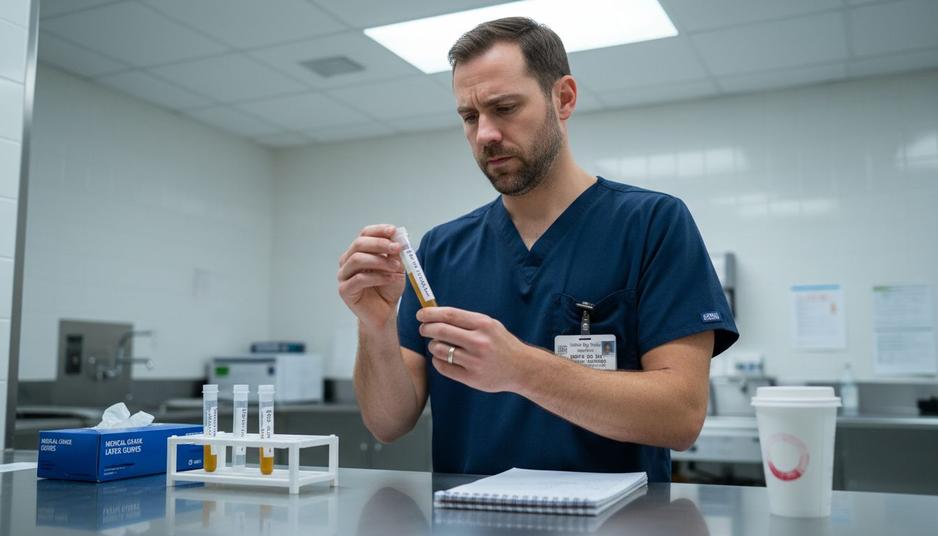 Nurse handling urine sample in testing room
