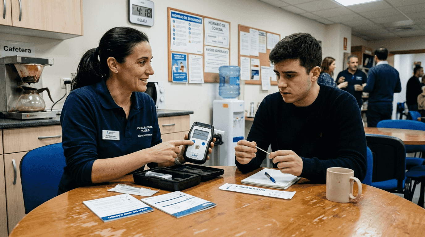 Un técnico muestra cómo funciona el dispositivo para realizar pruebas con muestras de saliva.