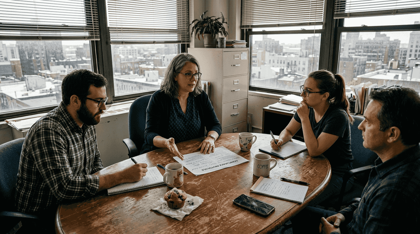 HR manager reviews compliance with team in office