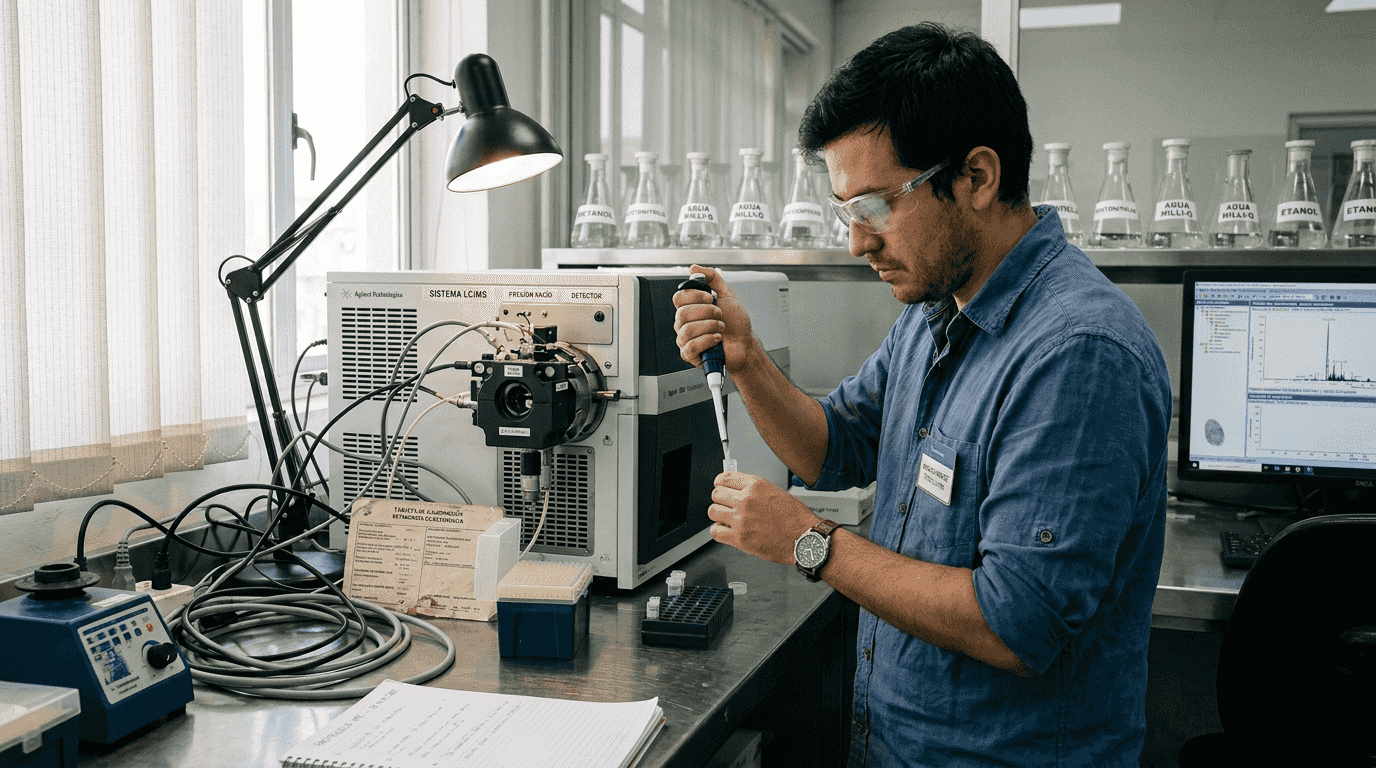 Especialista realizando un análisis de confirmación con un espectrómetro