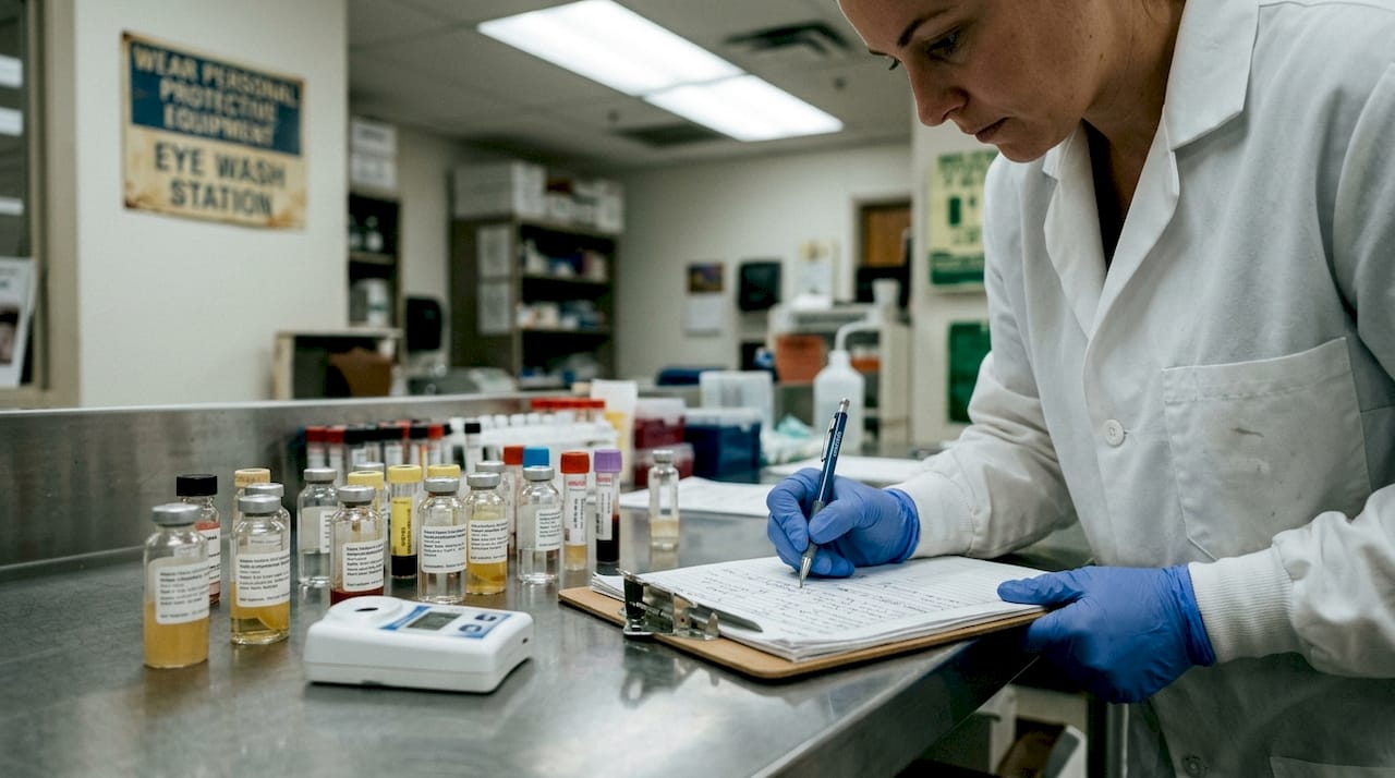 Lab technician records workplace drug test samples