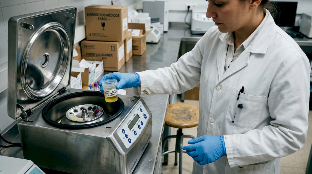 La técnica analiza una muestra de orina en el laboratorio.