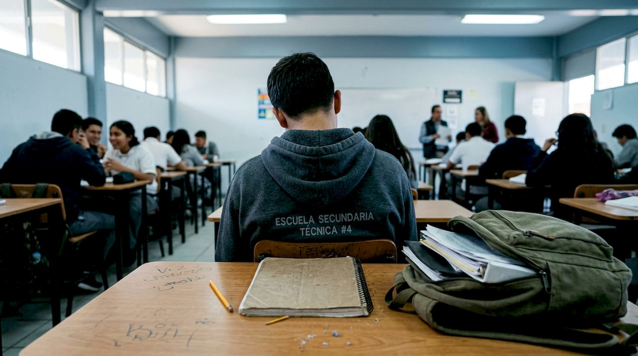 Adolescente distraído y desmotivado sentado en su pupitre durante la clase