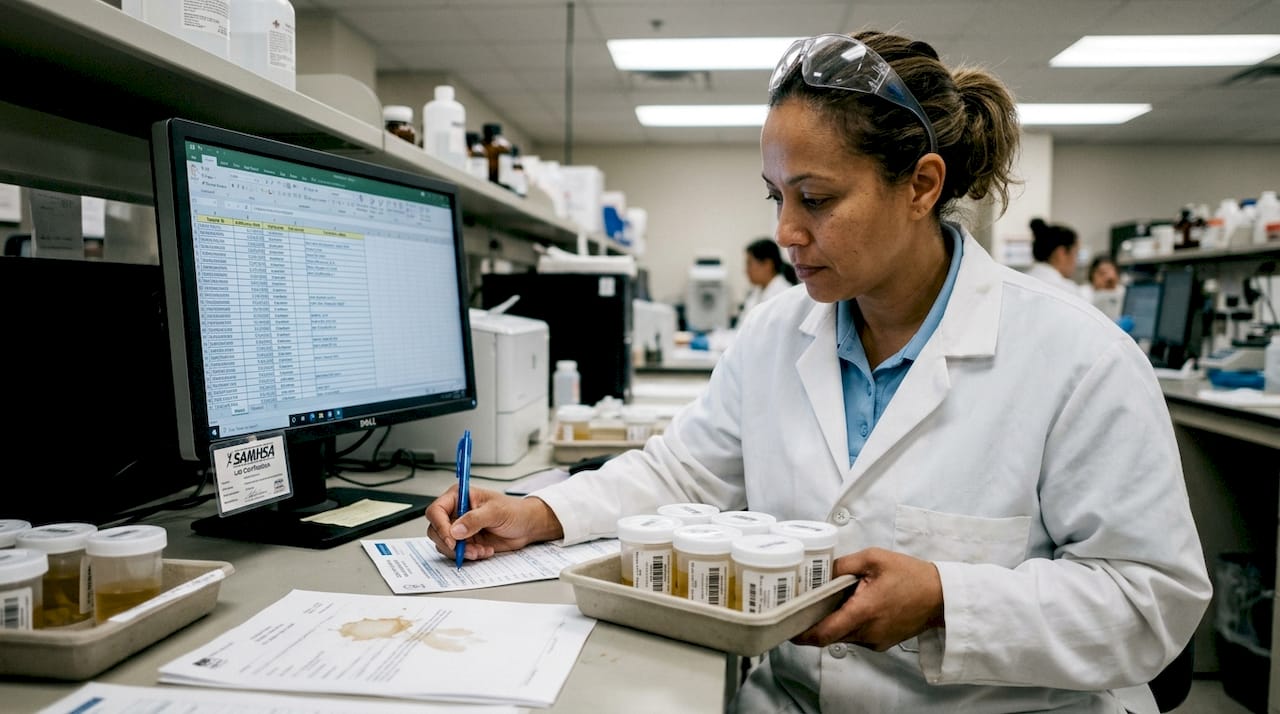Lab technician handling workplace drug screening samples