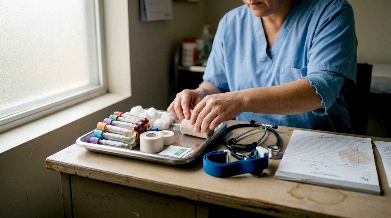 Una enfermera prepara todo el material necesario para realizar una extracción de sangre en la consulta.