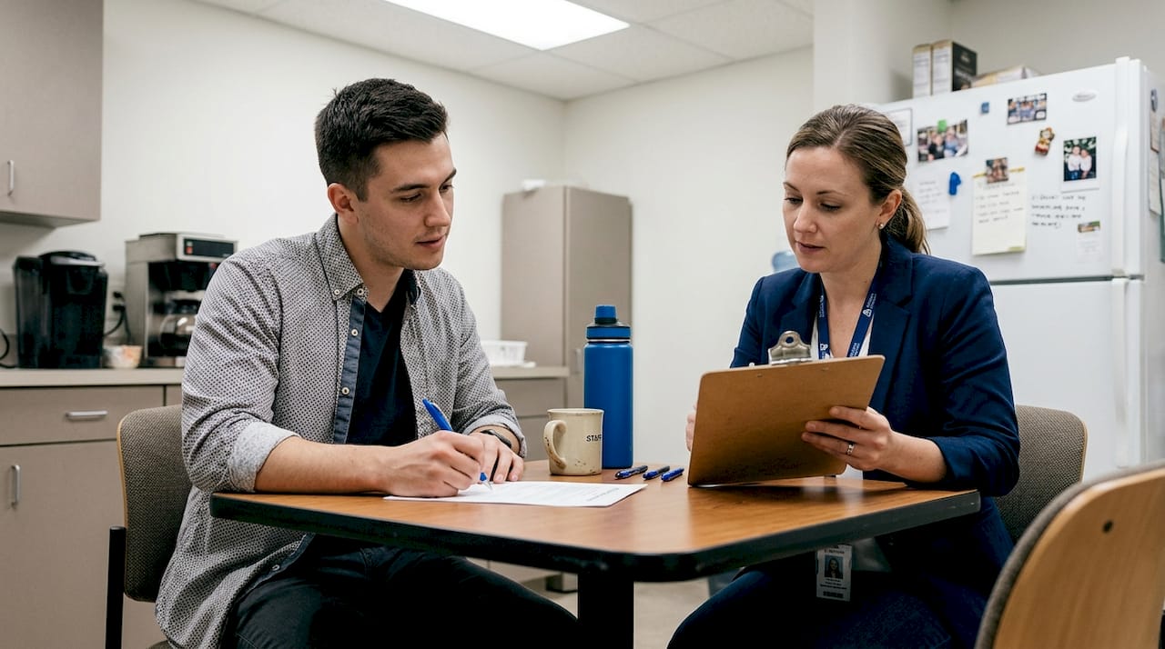 Employee signing confidentiality form with HR specialist