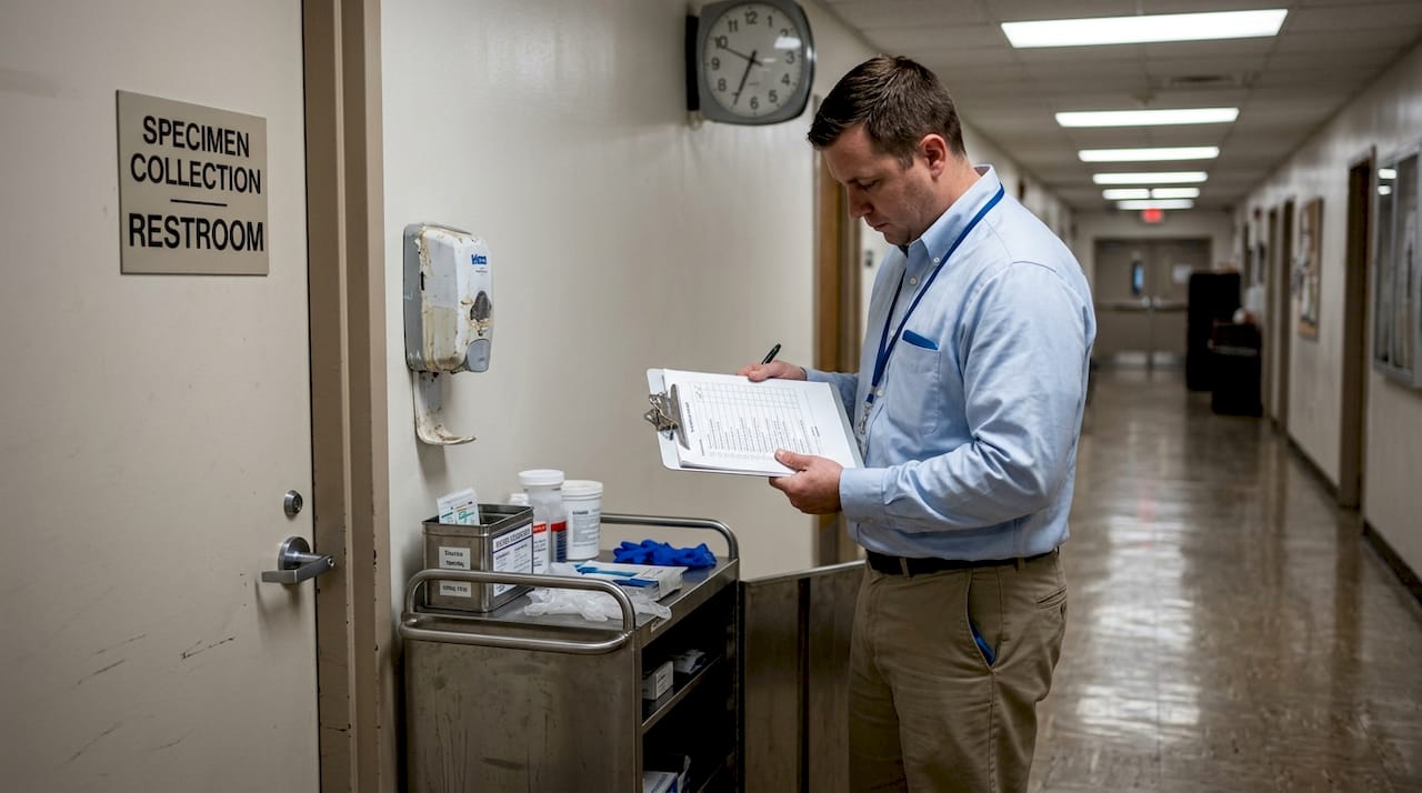Probation staff monitors specimen collection process